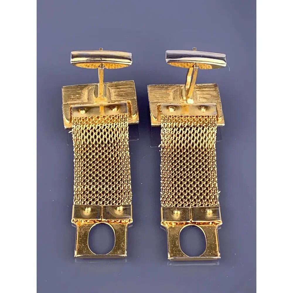 Dichroic Glass Cufflinks Wrap Around Gold Tone Green to Pink Lines Rays Vintage